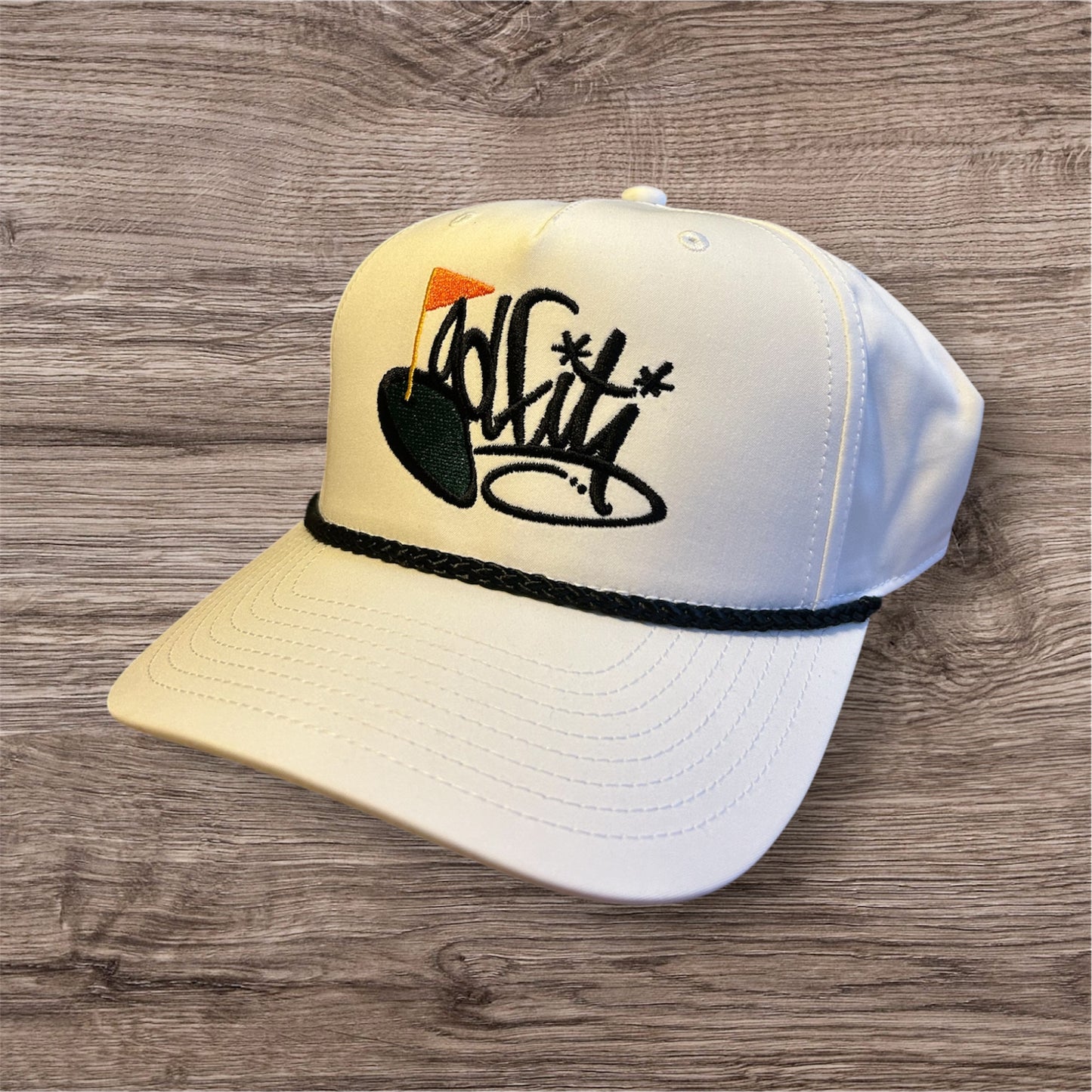Golfiti script tag logo rope hat