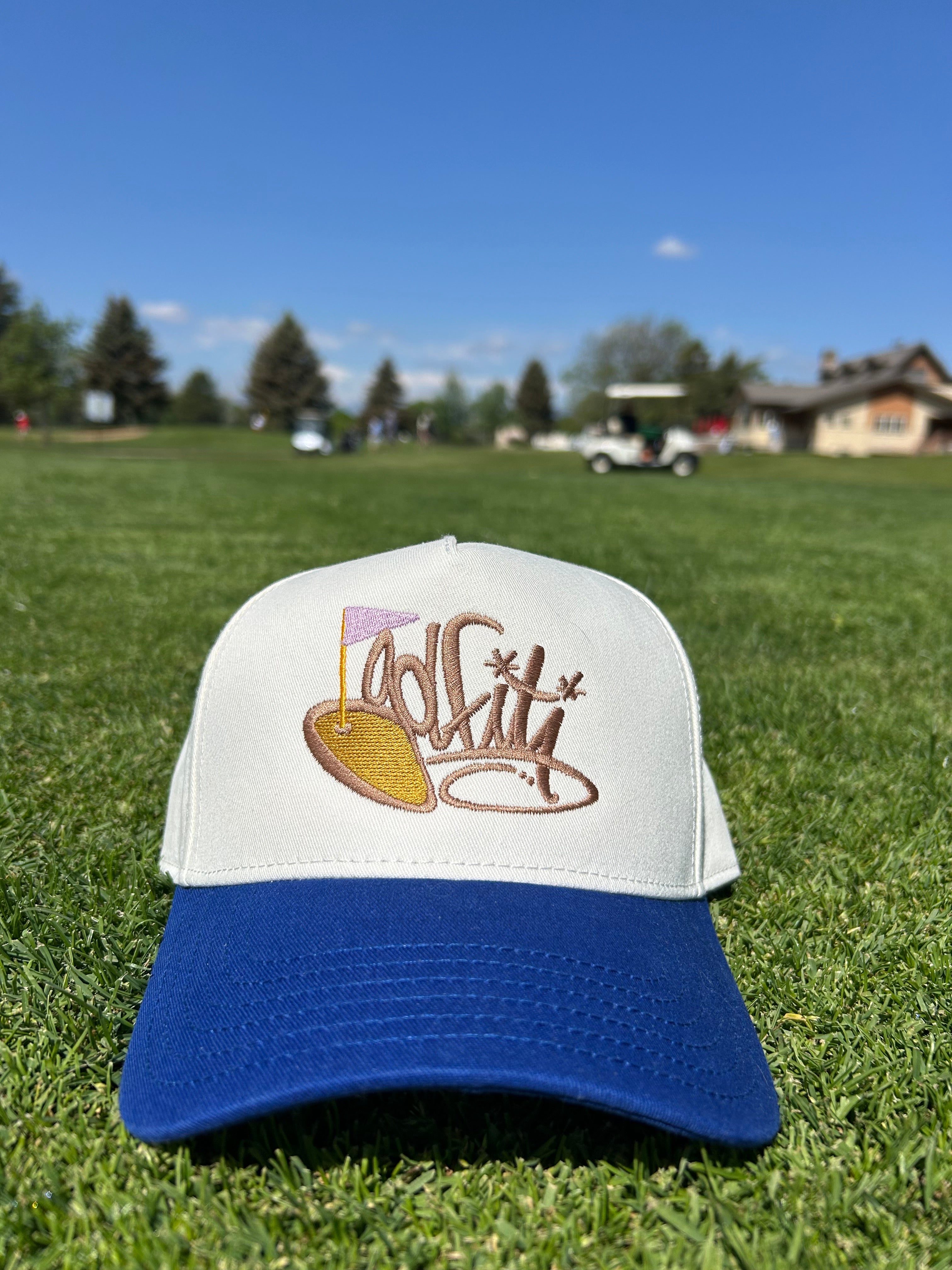 Golfiti Tag Script Trucker Hat – White/Blue