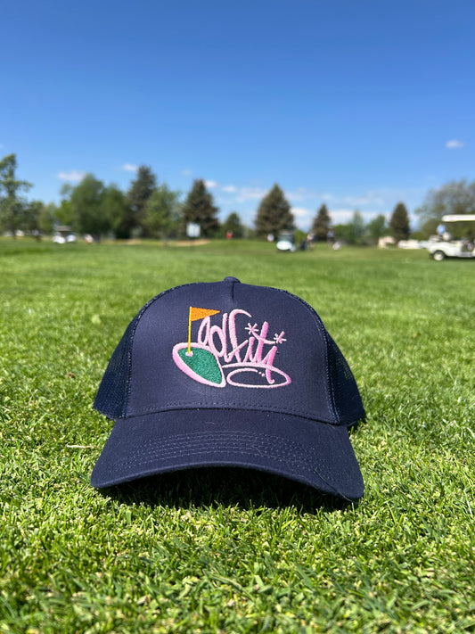 Golfiti “tag script” trucker - navy/pink